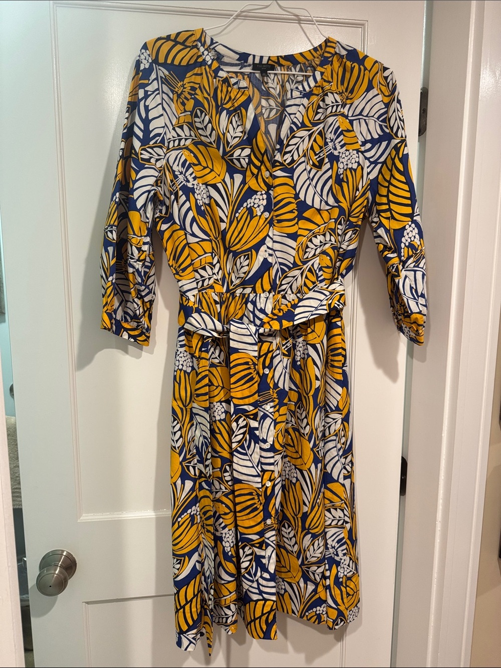 Talbots Yellow and Navy Leaf-Print Midi Shirt Dress with Tie Waist